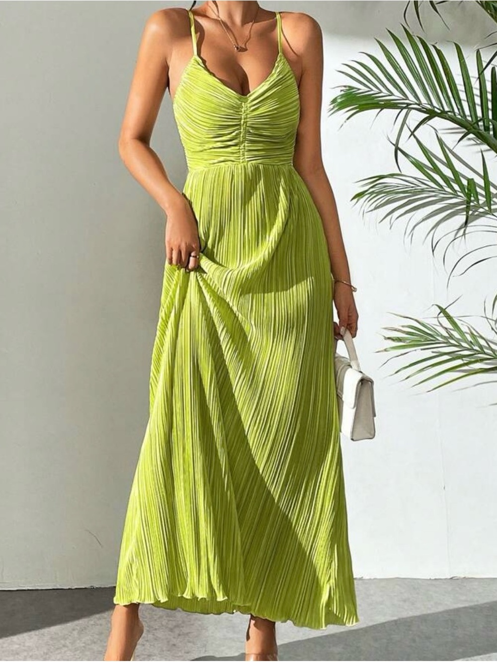 SHEIN Lime Green Pleated Spaghetti Strap Maxi Dress
